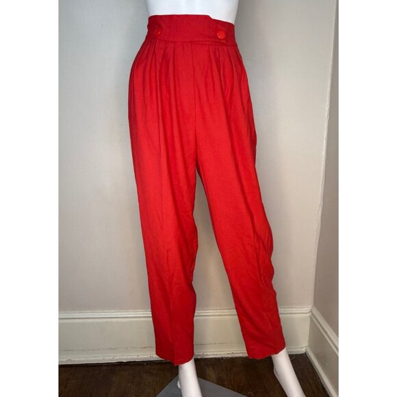 Vintage 1980s Red Pleated Pants, High Rise, Wide Waistband, Tapered Leg, 27"x28" - Picture 5 of 9